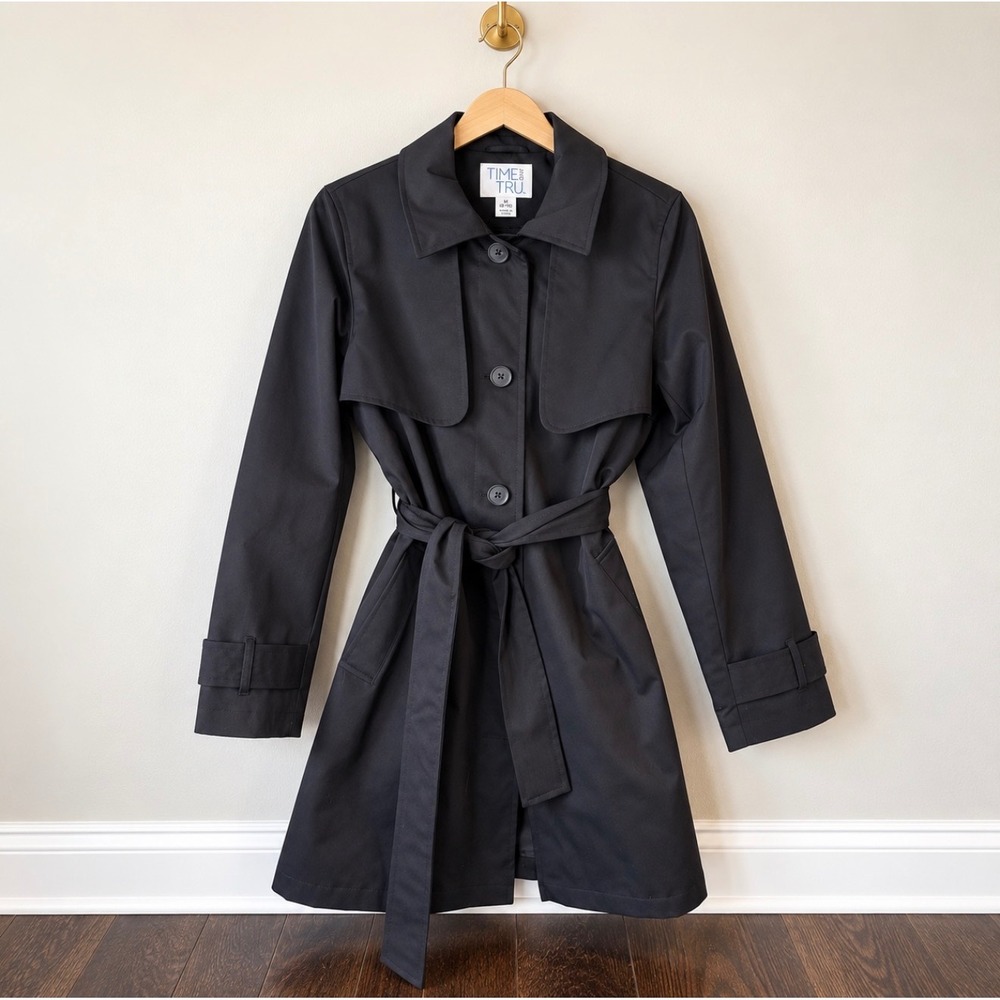 Time and Tru Black Belted Trench Coat Womens Medium 8-10 TT36HQ015006